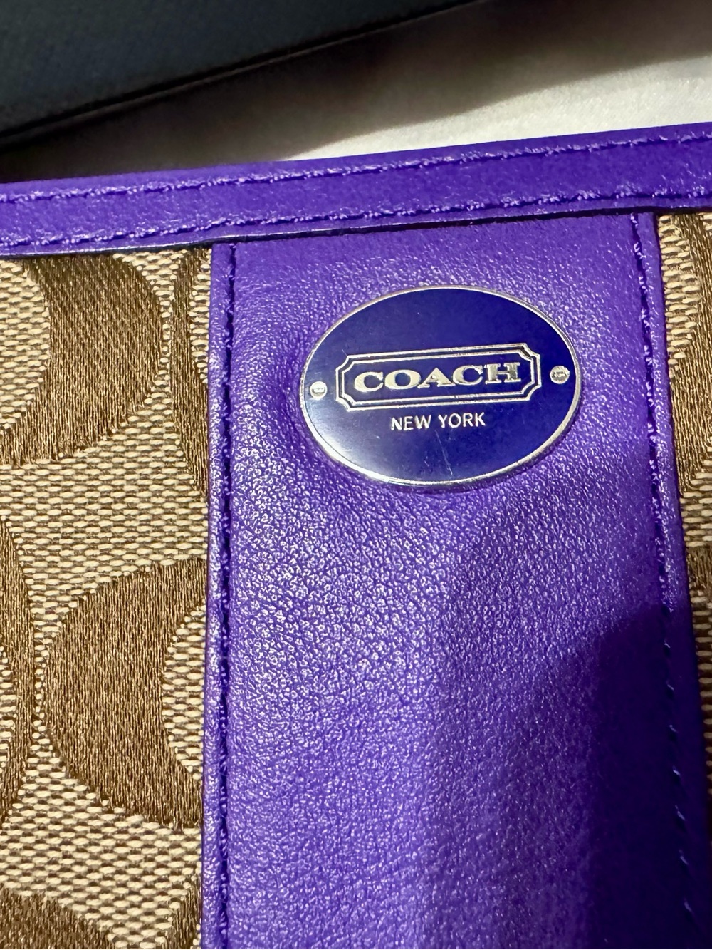 Coach Signature Canvas Wallet with Purple Trim and Brown Monogram - Picture 3 of 4